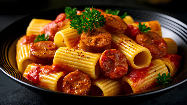 Currywurst inspired rigatoni with sausage and curry tomato sauce showcasing bold fusion comfort food and gourmet dining concept