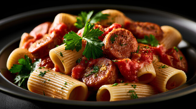Currywurst inspired rigatoni with sausage and curry tomato sauce showcasing bold fusion comfort food and gourmet dining concept