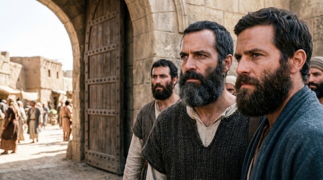 Saul and disciples standing by city gate. Biblical scene depiction of Acts 9. Men in ancient clothing observing surroundings in city of Damascus. Story of escape and faith in history.