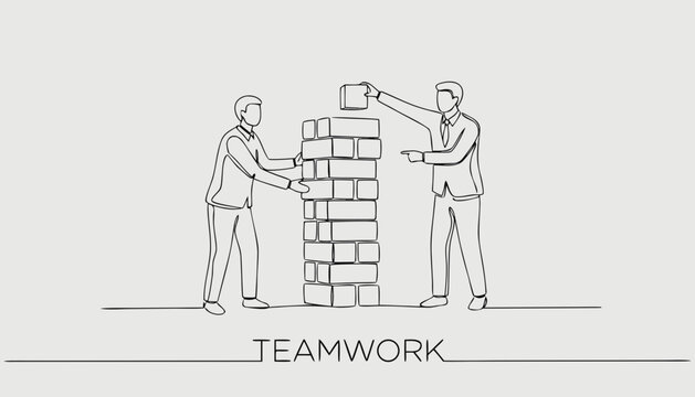 Two colleagues collaborating to build a strong foundation with brick blocks, symbolizing teamwork and success.