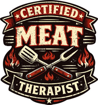 Vintage certified meat therapist badge. Butcher humor. Retro round stamp design for food pros.