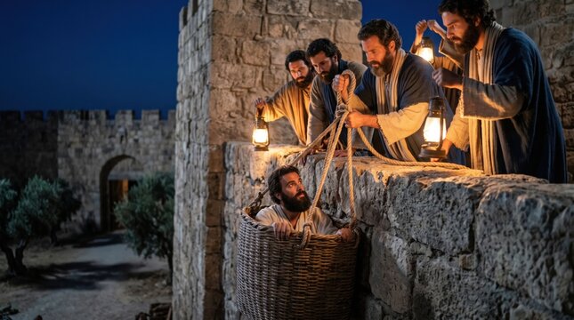 Men helping Saul escape Damascus by lowering him in a basket over a stone city wall at night. Biblical scene from Acts of the Apostles. Historical religious story of faith and rescue.