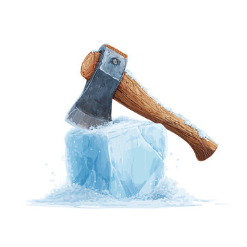 Chopping into winter an axe embedded in a block of ice
