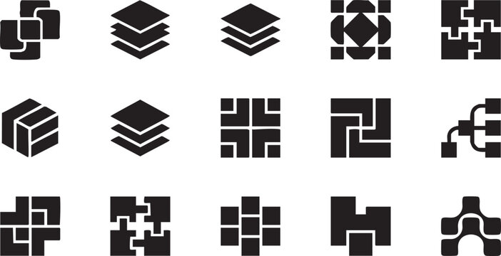 Puzzle and layered icon collection, block, cube, and abstract geometric shapes set.