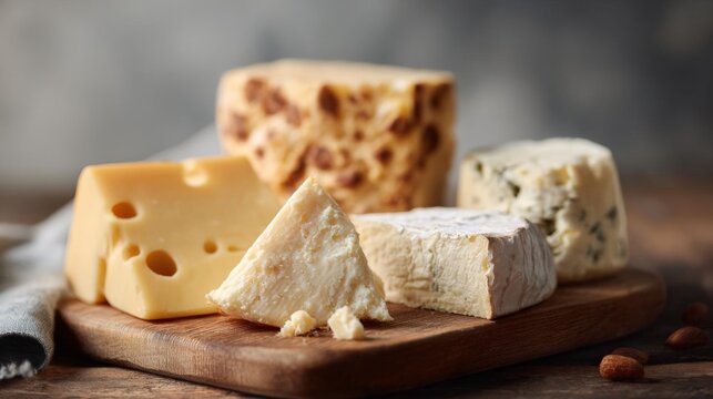 Wooden cutting board with various types of cheese arranged on it. on the left side of the board, there is a block of yellow cheese with a hole in the center.