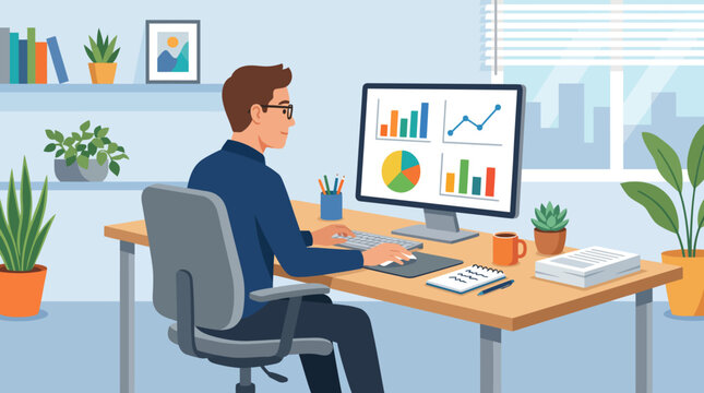 Man working on computer with charts and graphs at desk in office