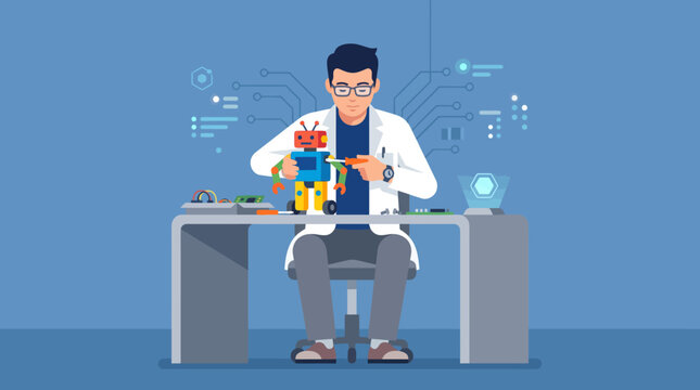 Person in Lab Coat Assembling a Robot with Futuristic Technology Displayed