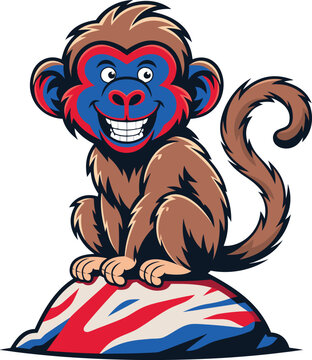 cheerful circus monkey holding uk flag vector illustration
