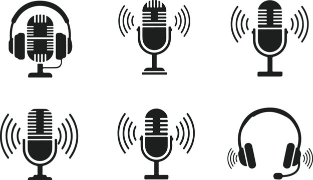 Set of microphone and headphone icons for podcast, radio, and audio recording