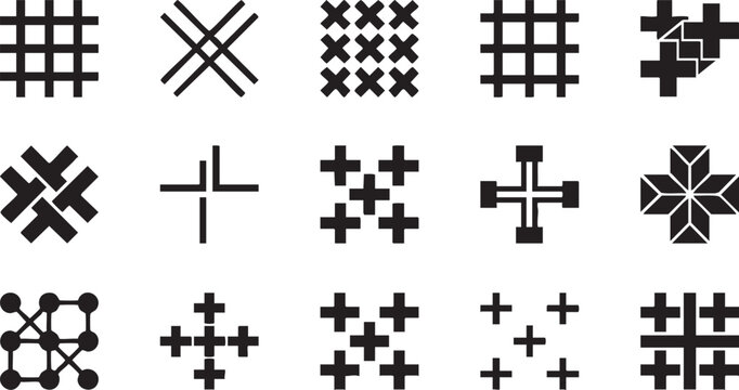 Grid patterns and plus signs, cross symbols, hash tags, various geometric elements.