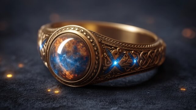 Detailed Golden Ring with Gemstone and Intricate Design, Showcasing a Cosmic Style and Exquisite Craftsmanship in a Luxurious Setting