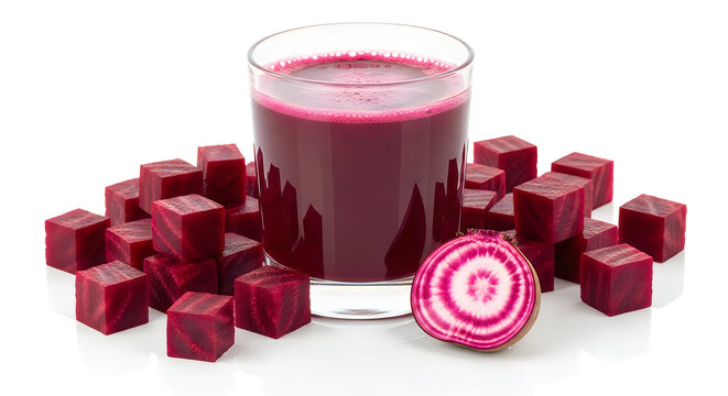 A glass of beet juice surrounded by cubed and sliced beets on a white background