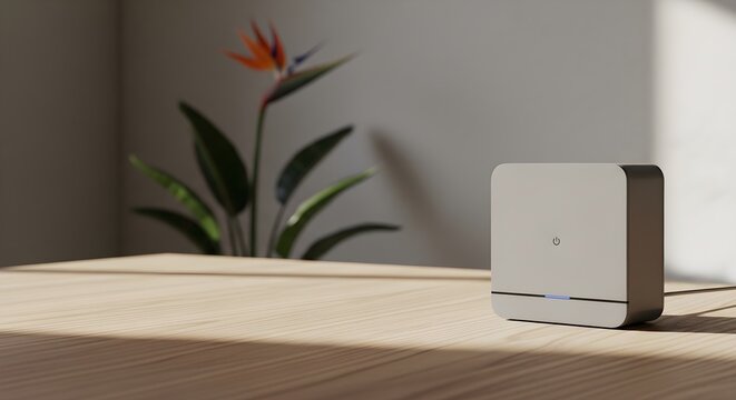 A sleek modern smart home hub or mini computer sits on a wooden desk with a plant background.