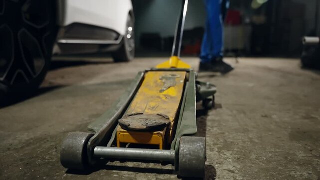 Low-angle view of a hydraulic trolley jack on a concrete garage floor beside a white car, with a mechanic positioning the tool for vehicle lifting and wheel service during maintenance