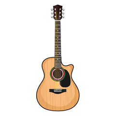 Fototapeta premium Warm acoustic guitar with natural wood finish and dark fretboard on a white background.