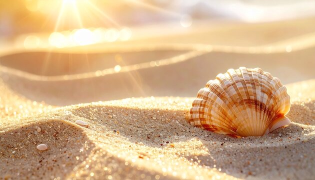 Seashell on sandy beach at sunset with warm summer light shining through, creating a serene and peaceful atmosphere