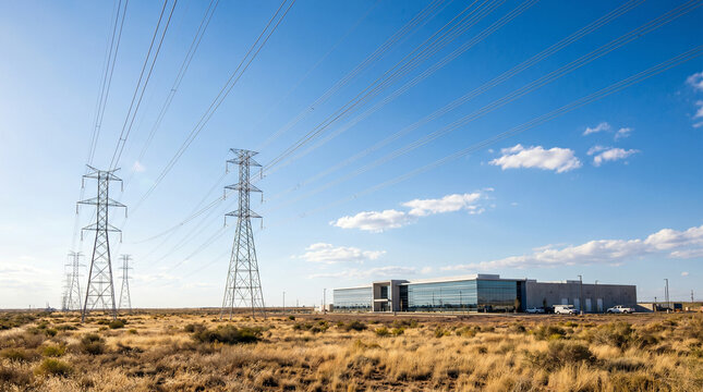 Power lines near industrial building AI data centers IT words + concept