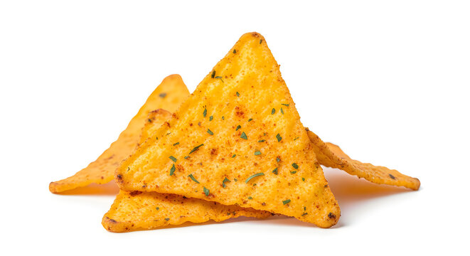 A stack of crispy triangular tortilla chips with herbs and spices on a white background