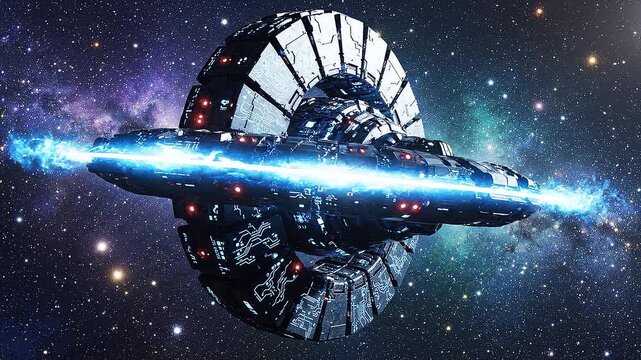 Massive ringed spacecraft floats in deep space, glowing blue energy beam radiates power.