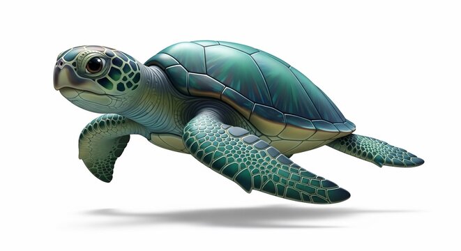 Swimming sea turtle with green shell and flippers on white background