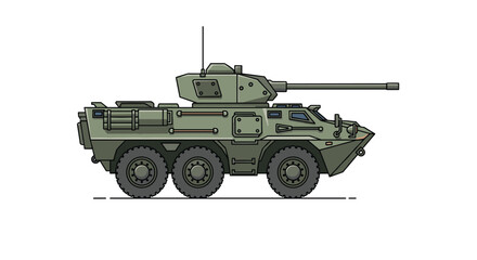 Fototapeta premium A side profile view of a green armored military vehicle with six heavy-duty wheels and a mounted turret is displayed against a clean white backdrop.