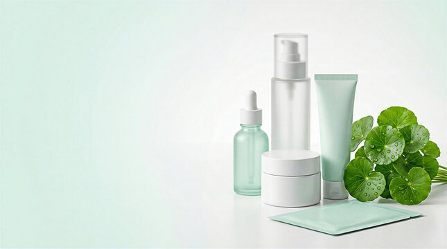 Centella asiatica skincare routine banner with toner, serum, face cream, fluid and face mask. For beauty ads, packaging, web banners, social media and skincare branding.