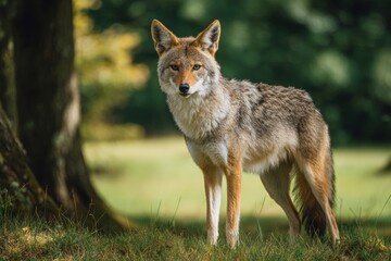 Fototapeta premium Coyote standing in grassy field with trees and soft light