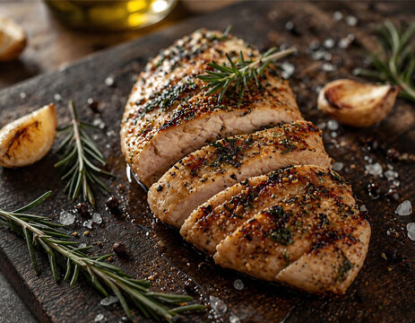 Sliced Grilled Chicken Breast with Herbs and Garlic Close Up