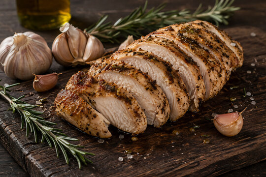 Sliced roasted chicken breast with garlic and rosemary on board