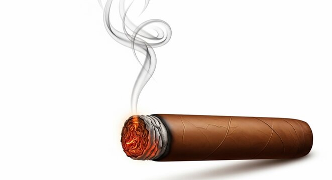 smoking brown cigar with gray smoke on white background