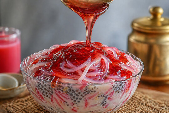 Rooh Afza Special Falooda with Rose Syrup and Basil Seeds