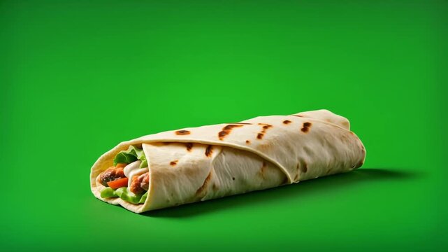 Kebab Wrap Posed on Green Background Close Up for Food Blogs Menus Fast Food and Mediterranean Cuisine Content