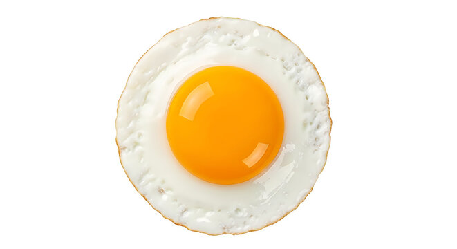 A perfectly cooked fried egg with a runny yolk on a white background