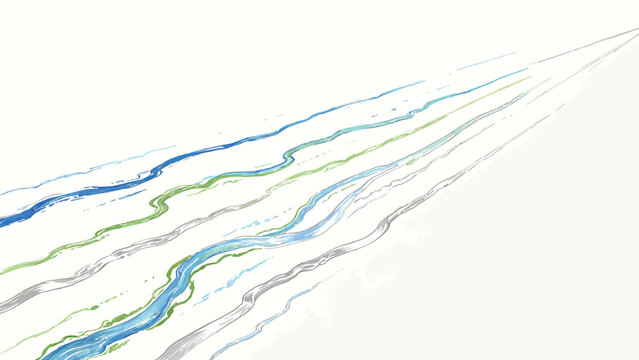 Hand-Drawn Watercolor and Graphite Sketch of Meandering Converging Streams in One-Point Perspective, Soft Muted Blue Green Gray Palette Minimalist Landscape Illustration