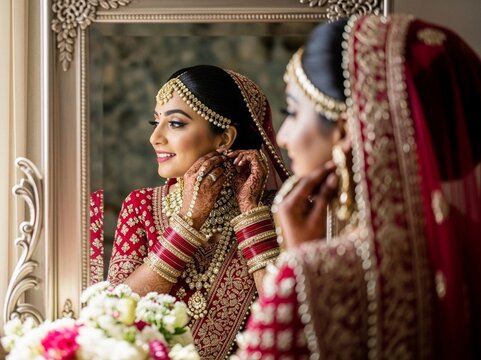 Beautiful indian bride in traditional red lehenga getting ready
