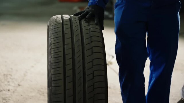 Auto mechanic in blue uniform and protective gloves rolling a car tire across a workshop floor, highlighting detailed tread pattern and maintenance during inspection in a garage.