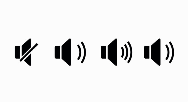 Set of four black volume control icons with sound waves showing mute to loud levels for user interface design