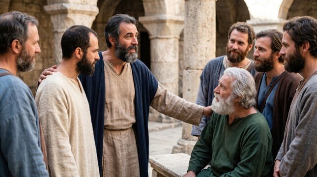 Barnabas introducing Paul to the apostles in Jerusalem. Saul of Tarsus meeting the disciples after his conversion. Biblical scene from Acts 9. Historical religious faith narrative.