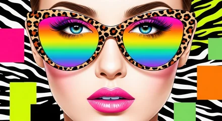 Woman wearing colorful rainbow heart sunglasses pop art style with animal print sunglasses fashion heart shaped © Rocky