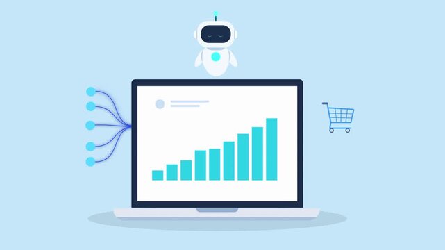 Animated laptop displaying rising data chart connected to cloud system with shopping cart icon, representing ecommerce analytics, online sales, and digital business workflow.