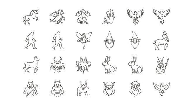 Collection of various mythical creatures and legendary beasts in detailed line art.