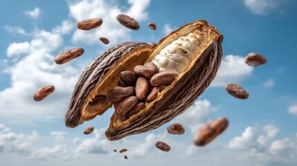 Obraz premium Detailed Low Angle Close-Up Shot of Open Cacao Pod with Beans Against a Cloudy Sky Background