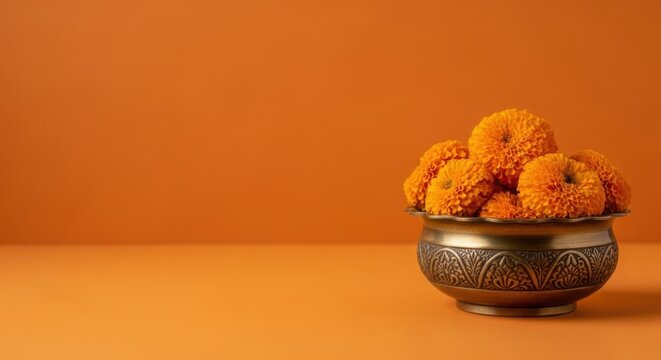 Bowl of marigolds on an orange background cultural decoration marigolds decoration celebration religious offering