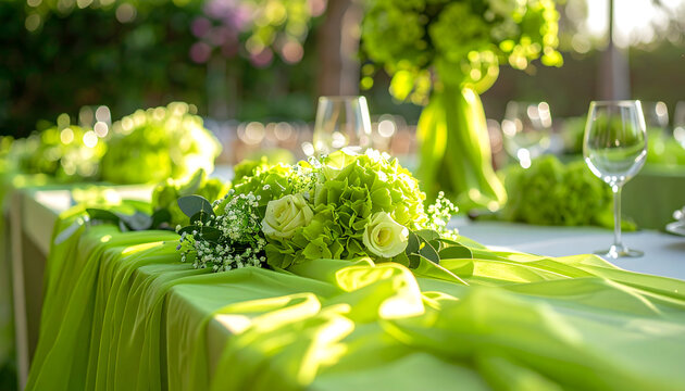 Elegant outdoor wedding table decorated with lime green fabric and white roses
