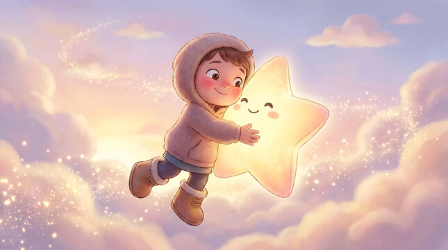 A cute stylized child hugging a large soft glowing shooting star like a plush companion, gentle smile, warm emotional connection, soft lighting, pastel dreamy sky, floating sparkles, ultra detailed