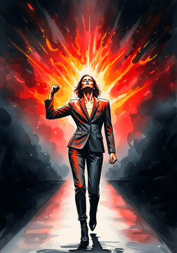 Powerful woman in a suit walking away from a fiery explosion