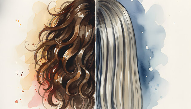 Split view of wavy brown hair and straight blonde hair in watercolor