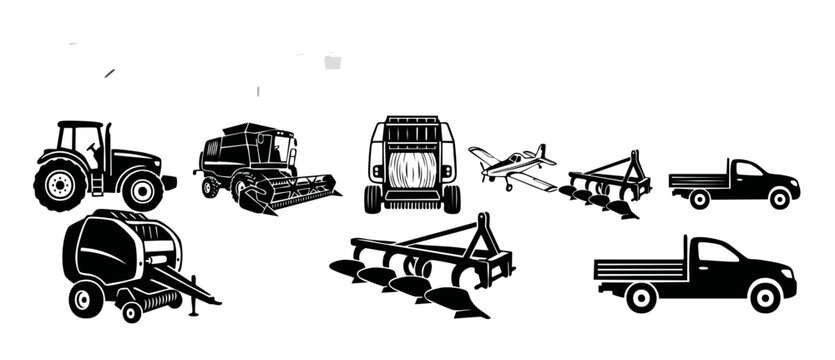 Agricultural Machinery Icon Set: Tractors, Harvesters, and Farm Equipment Silhouettes for Modern Farming Design Projects, Vector Style Collection of Heavy Industrial Vehicles and Cultivation Tools Gra