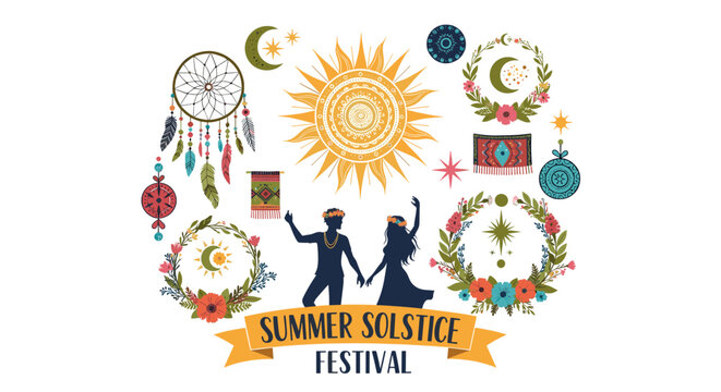 Illustration of a Summer Solstice Festival with dancing figures, sun, moon, dreamcatchers, and floral bohemian decorations.