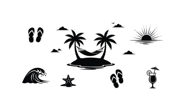Summer vacation icons, travel and tourism, beach vacation, tropical island line art vector.